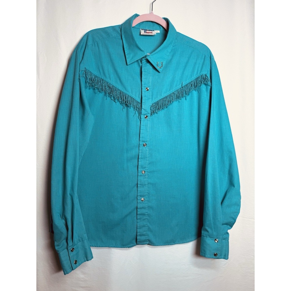 Vintage Lone Star Western Shirt Teal Color W/ Fringe Pearl Snaps Women's Size XL